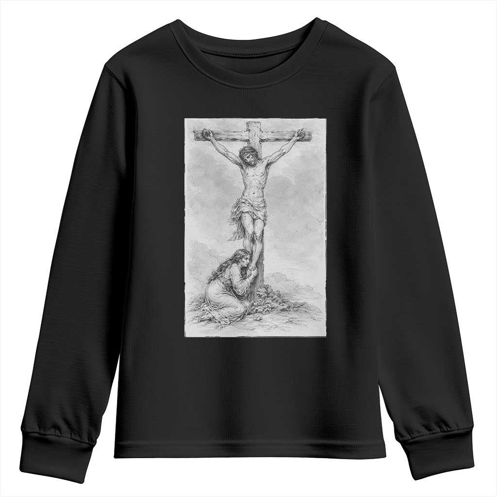 Jesus and St Mary Magdalene At The Cross Youth Sweatshirt Vintage Catholic Lent TS11 Black Print Your Wear