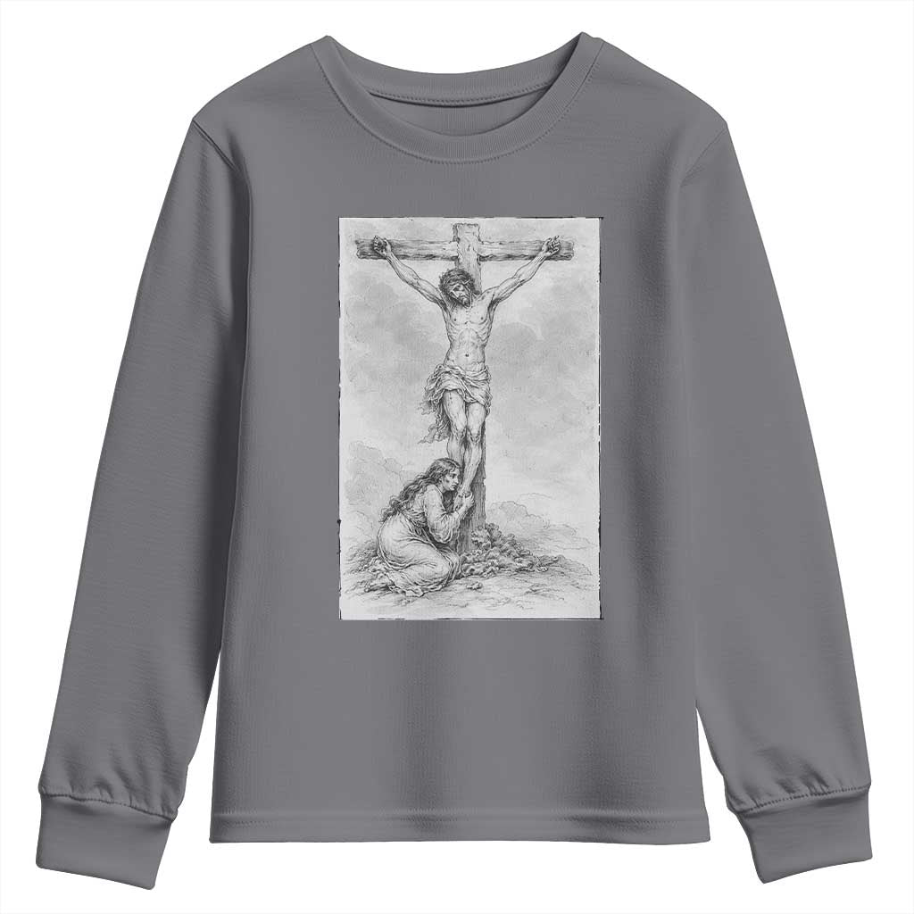 Jesus and St Mary Magdalene At The Cross Youth Sweatshirt Vintage Catholic Lent TS11 Charcoal Print Your Wear