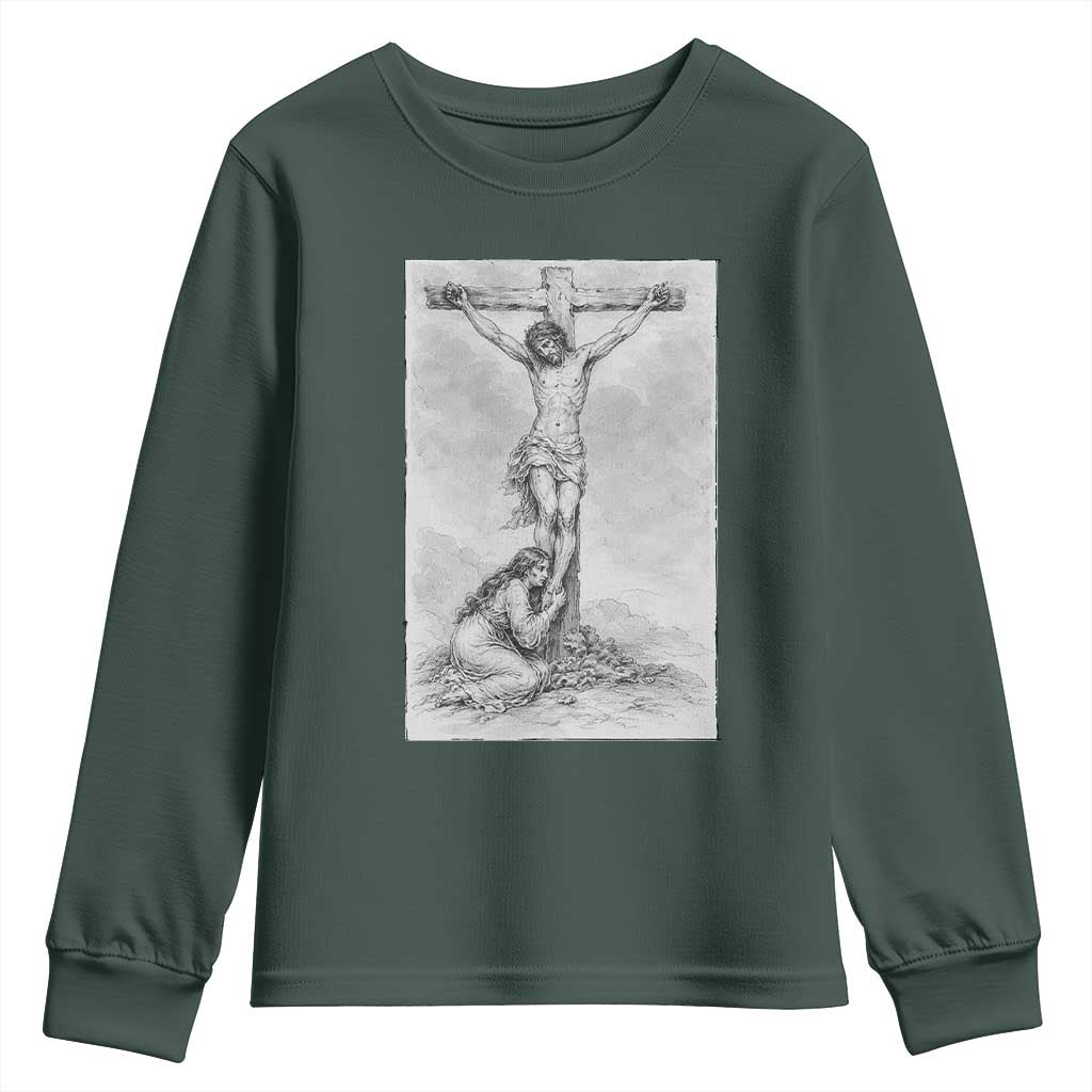 Jesus and St Mary Magdalene At The Cross Youth Sweatshirt Vintage Catholic Lent TS11 Dark Forest Green Print Your Wear