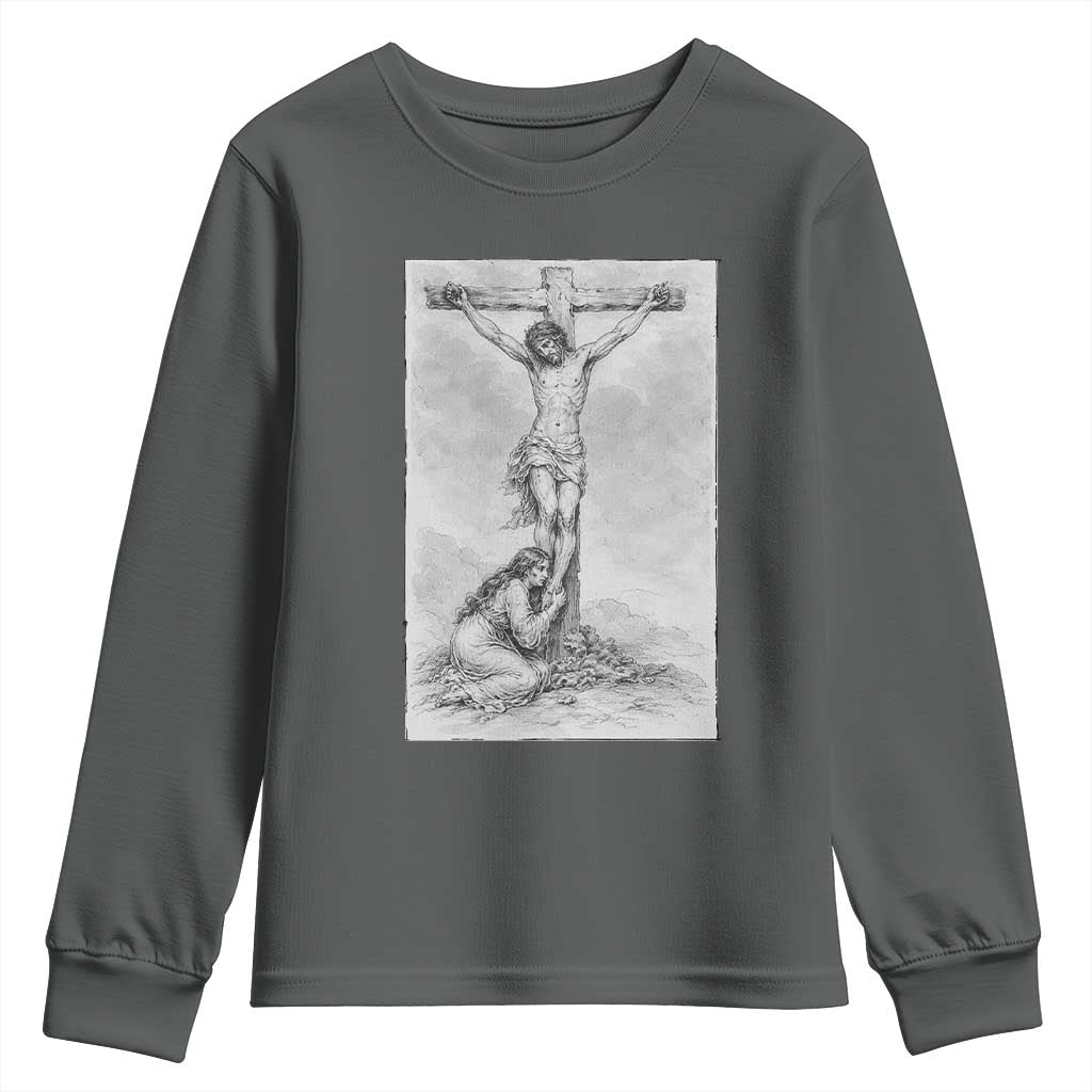 Jesus and St Mary Magdalene At The Cross Youth Sweatshirt Vintage Catholic Lent TS11 Dark Heather Print Your Wear