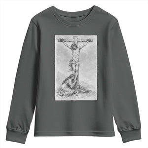 Jesus and St Mary Magdalene At The Cross Youth Sweatshirt Vintage Catholic Lent TS11 Dark Heather Print Your Wear