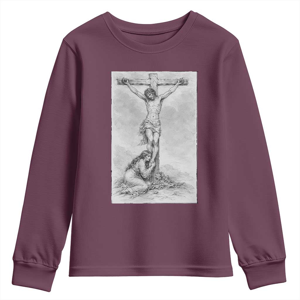Jesus and St Mary Magdalene At The Cross Youth Sweatshirt Vintage Catholic Lent TS11 Maroon Print Your Wear