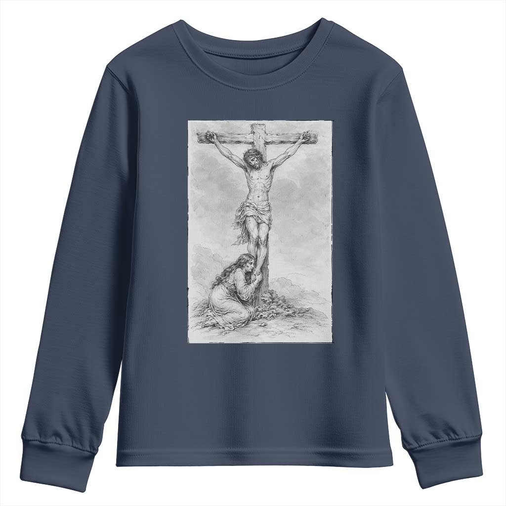 Jesus and St Mary Magdalene At The Cross Youth Sweatshirt Vintage Catholic Lent TS11 Navy Print Your Wear