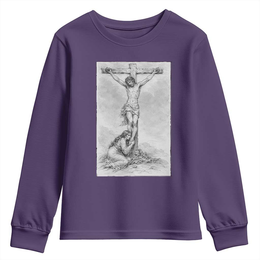Jesus and St Mary Magdalene At The Cross Youth Sweatshirt Vintage Catholic Lent TS11 Purple Print Your Wear