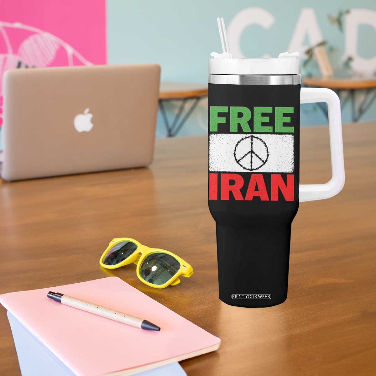 Free Iran Tumbler With Handle Stop War Barbed Wire Peace Sign TS11 Print Your Wear
