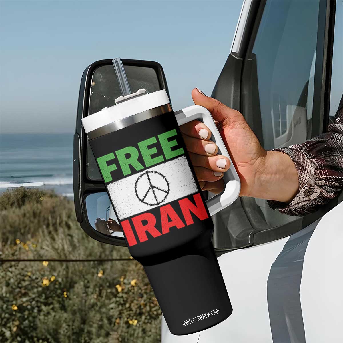 Free Iran Tumbler With Handle Stop War Barbed Wire Peace Sign TS11 Print Your Wear