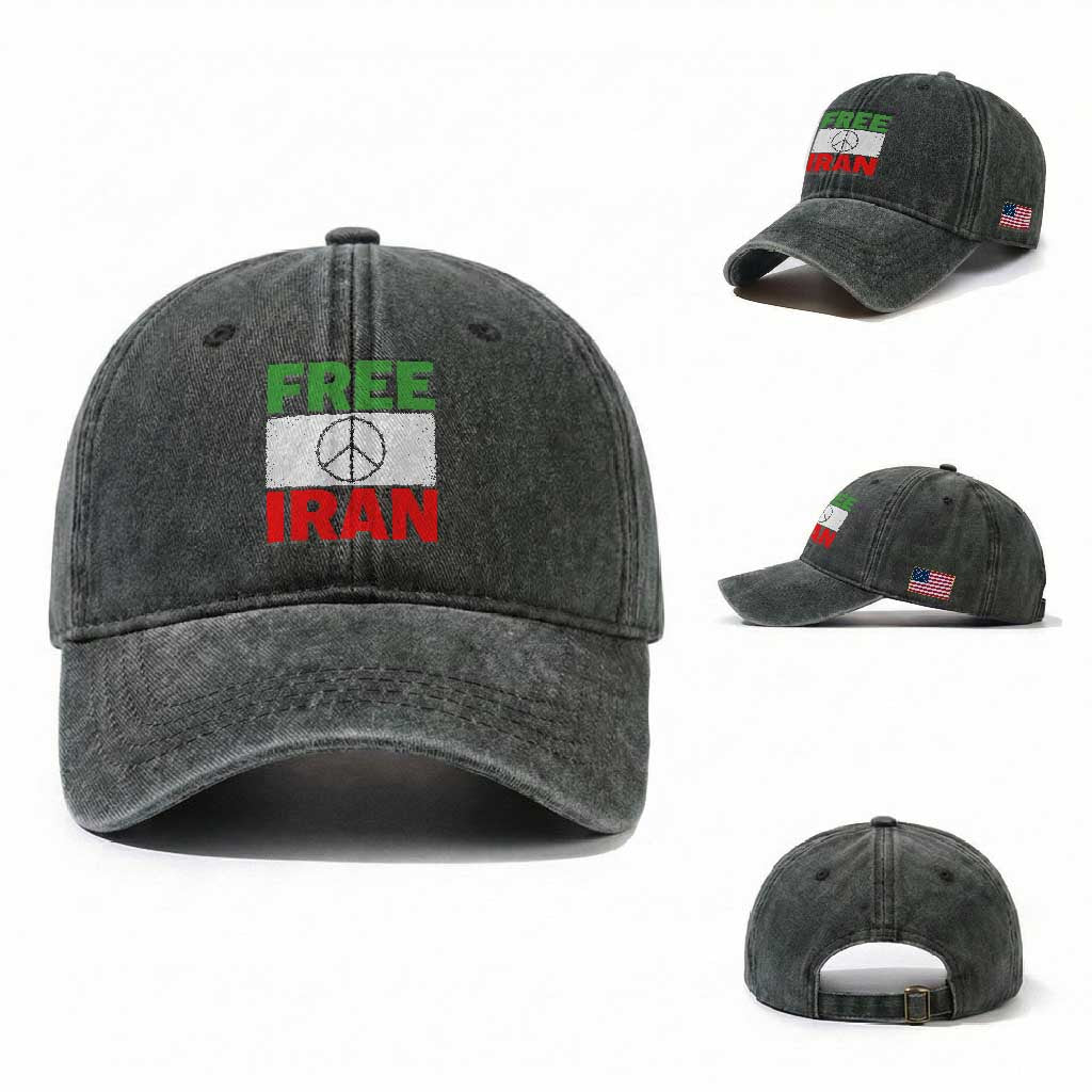 Free Iran Washed Cotton Baseball Cap Stop War Barbed Wire Peace Sign TS11 Washed Cap Universal Fit Dark Green Print Your Wear