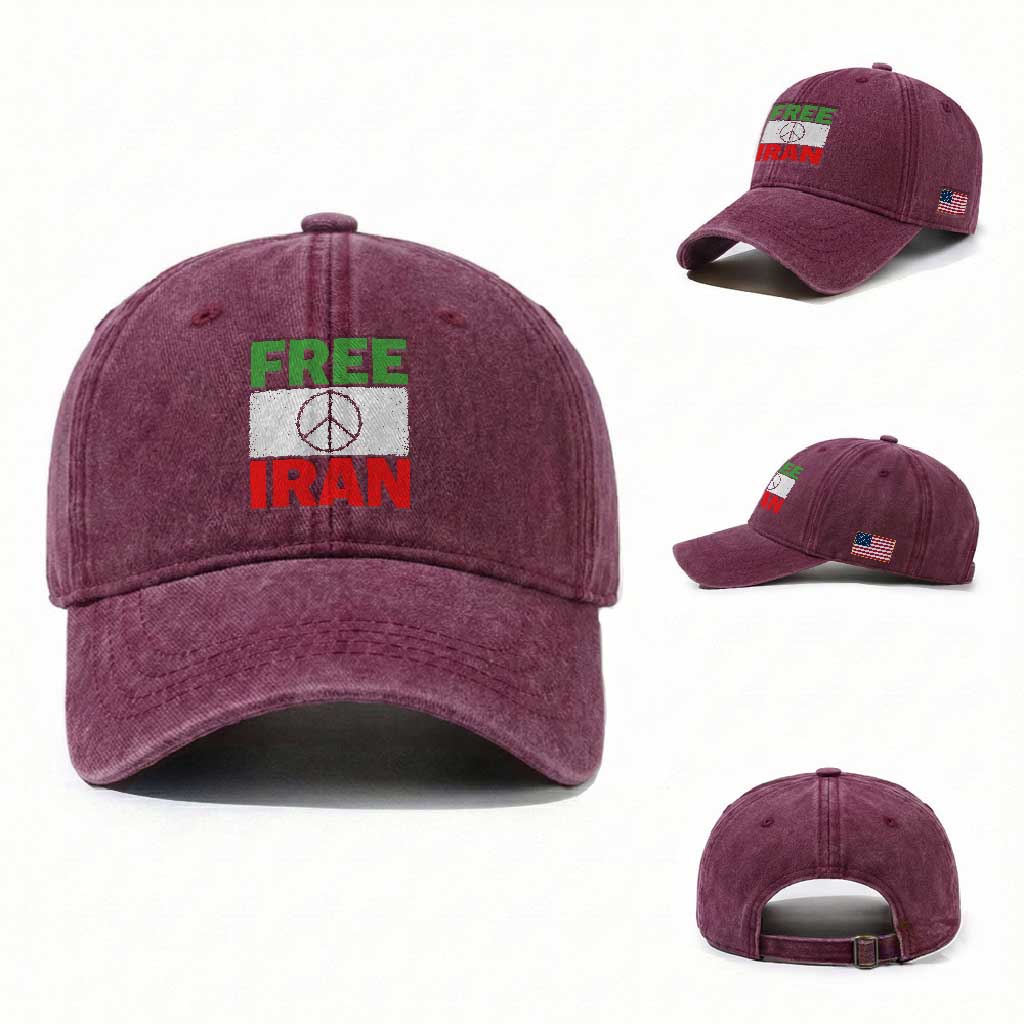 Free Iran Washed Cotton Baseball Cap Stop War Barbed Wire Peace Sign TS11 Washed Cap Universal Fit Burgundy Print Your Wear