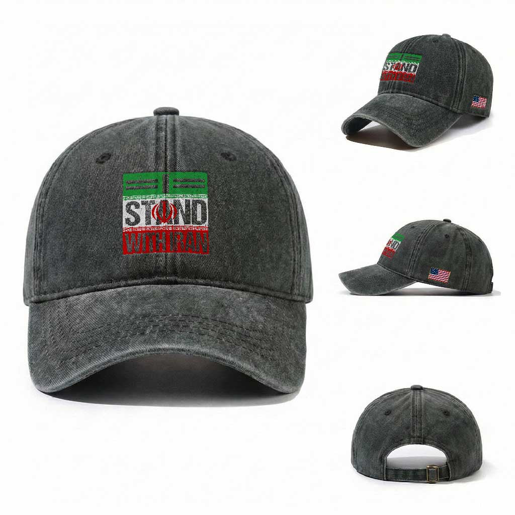 I Stand With Iran Washed Cotton Baseball Cap Iranian People Freedom Protest TS11 Washed Cap Universal Fit Dark Green Print Your Wear