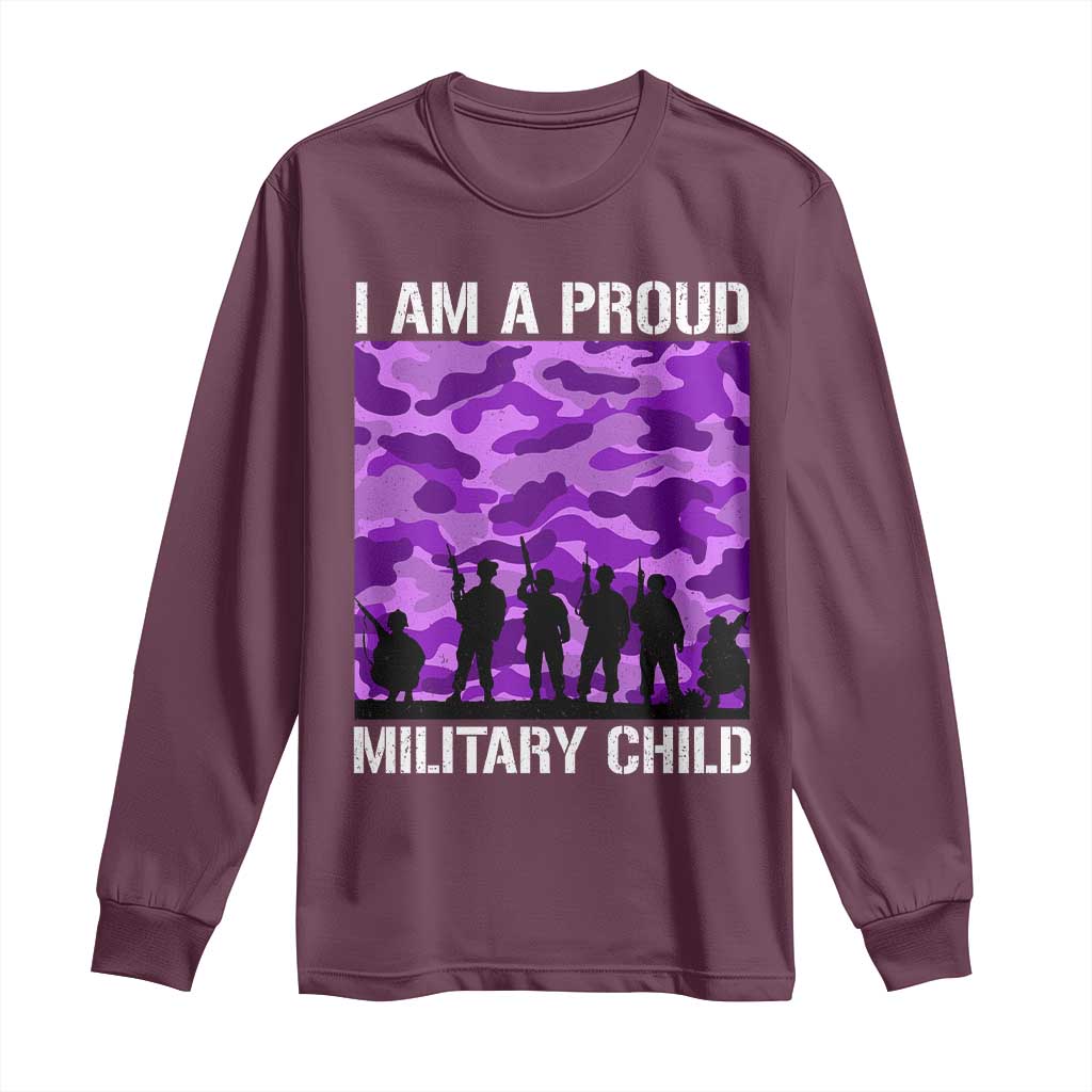 I Am A Proud Military Child Long Sleeve Shirt Military Child Month Purple Camouflage Flag TS11 Maroon Print Your Wear