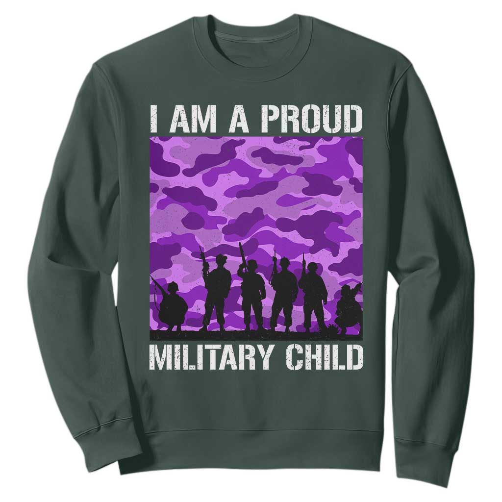 I Am A Proud Military Child Sweatshirt Military Child Month Purple Camouflage Flag TS11 Dark Forest Green Print Your Wear