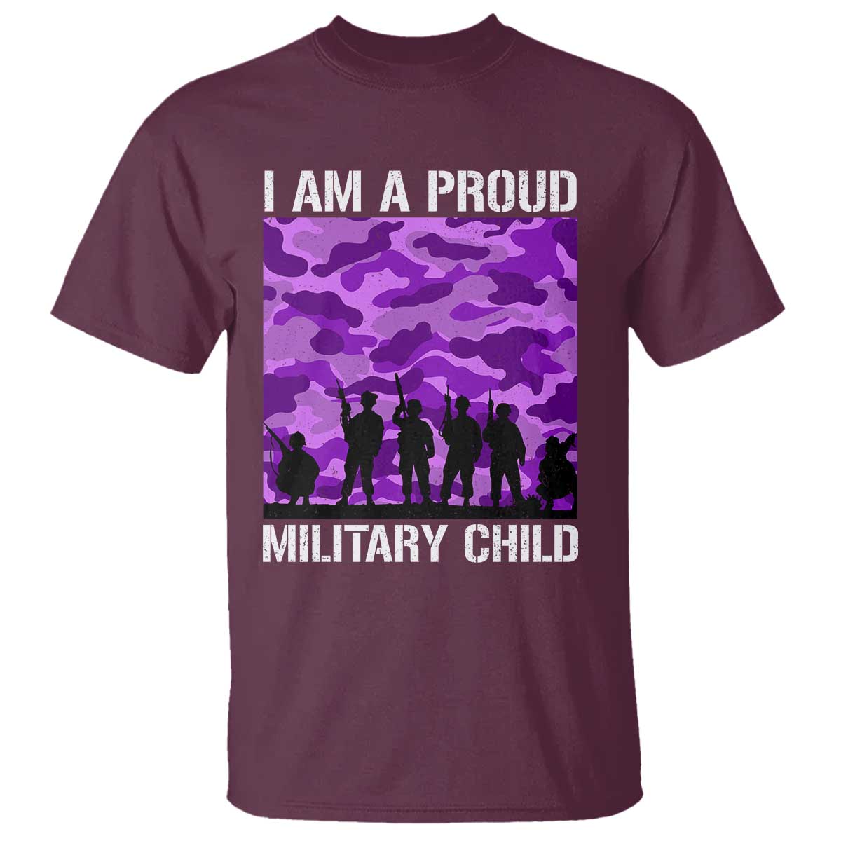 I Am A Proud Military Child T Shirt Military Child Month Purple Camouflage Flag TS11 Maroon Print Your Wear