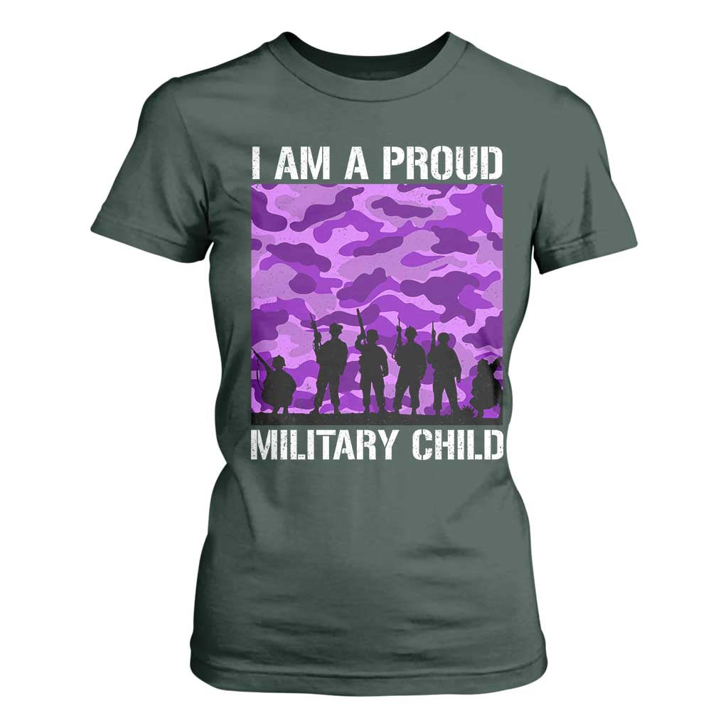 I Am A Proud Military Child T Shirt For Women Military Child Month Purple Camouflage Flag TS11 Dark Forest Green Print Your Wear