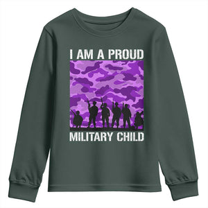 I Am A Proud Military Child Youth Sweatshirt Military Child Month Purple Camouflage Flag TS11 Dark Forest Green Print Your Wear