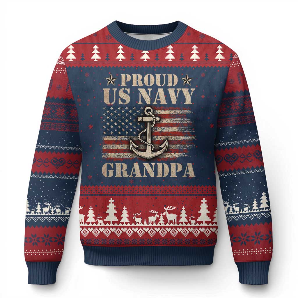 Proud US Navy Grandpa Ugly Christmas Sweater Vintage American Flag Anchor - Print Your Wear