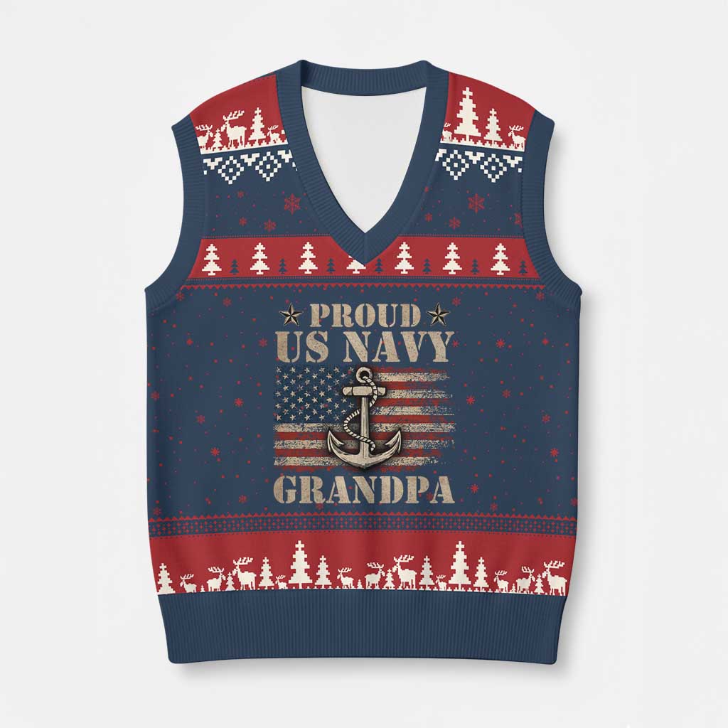 Proud US Navy Grandpa V-Neck Knit Sweater Vest Vintage American Flag Anchor - Print Your Wear