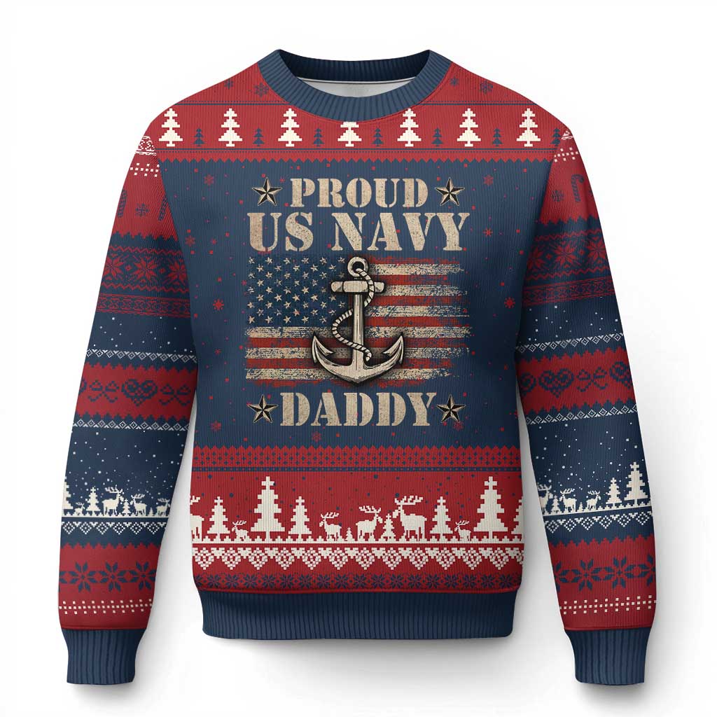 Proud US Navy Daddy Ugly Christmas Sweater Vintage American Flag Anchor - Print Your Wear