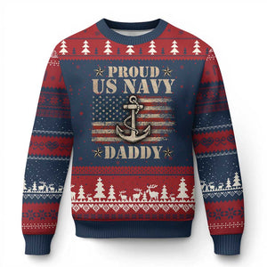 Proud US Navy Daddy Ugly Christmas Sweater Vintage American Flag Anchor - Print Your Wear