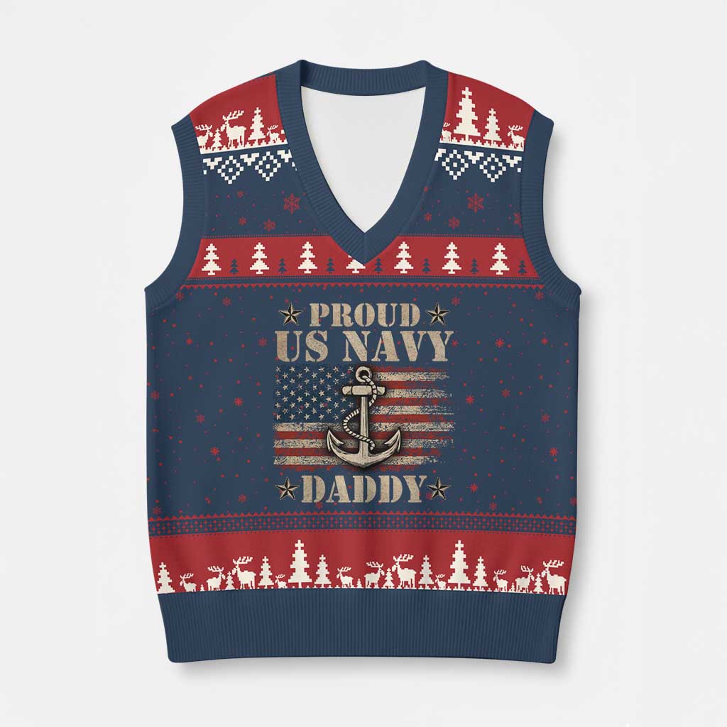 Proud US Navy Daddy V-Neck Knit Sweater Vest Vintage American Flag Anchor - Print Your Wear