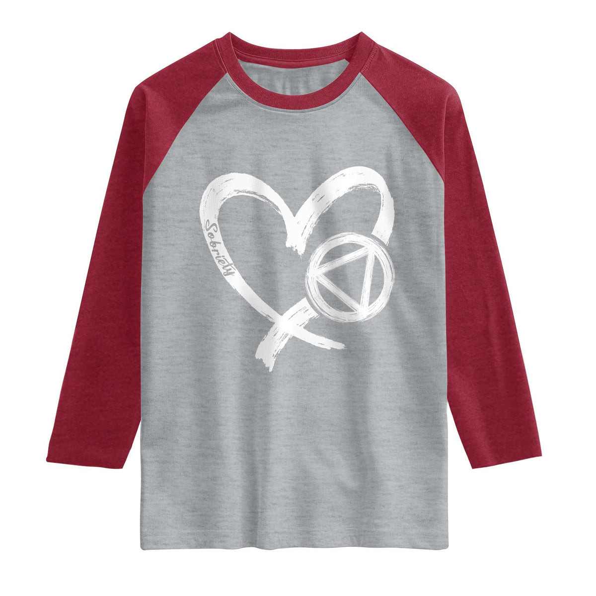 Sobriety Heart Sober Anniversary Alcoholic Abstinence Raglan Shirt TS11 Heather Gray Heather Red Print Your Wear