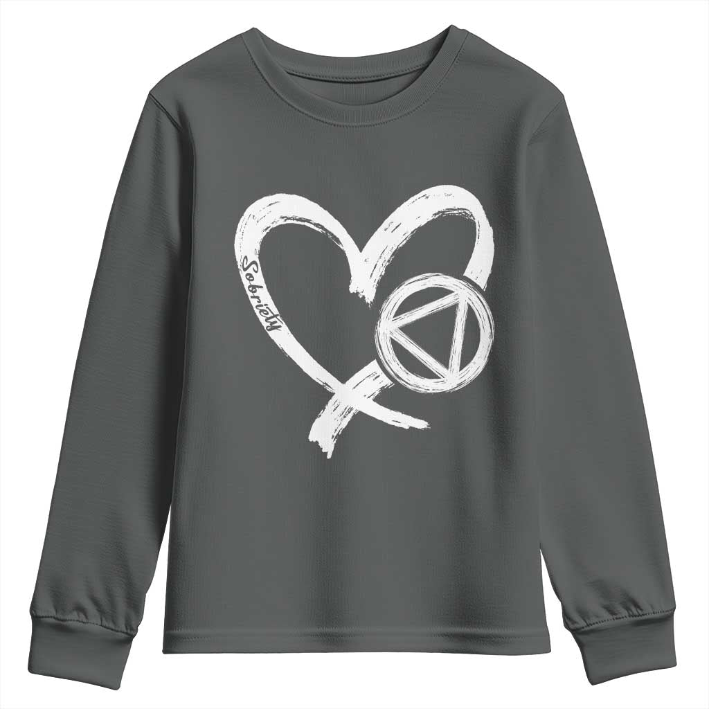 Sobriety Heart Sober Anniversary Alcoholic Abstinence Youth Sweatshirt TS11 Dark Heather Print Your Wear