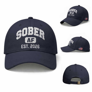 Sober AF 2026 AA Recovery Achiever Sobriety Anniversary Baseball Cap TS11 Baseball Cap Universal Fit Navy Print Your Wear