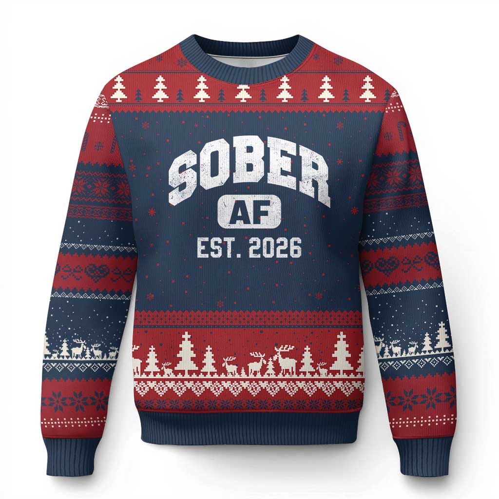 Sober AF 2026 AA Recovery Achiever Sobriety Anniversary Ugly Christmas Sweater TS11 Navy Red Print Your Wear
