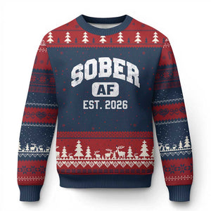 Sober AF 2026 AA Recovery Achiever Sobriety Anniversary Ugly Christmas Sweater TS11 Navy Red Print Your Wear