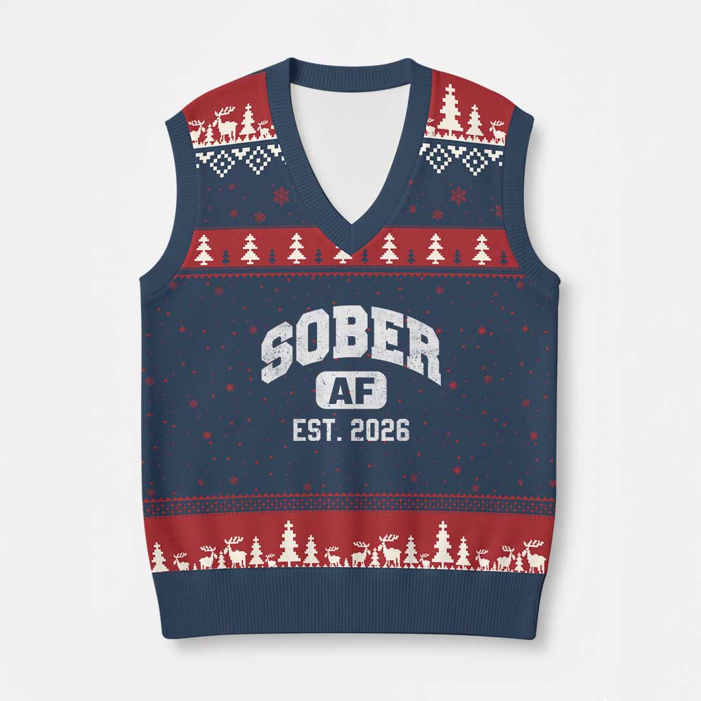 Sober AF 2026 AA Recovery Achiever Sobriety Anniversary V-Neck Knit Sweater Vest TS11 Navy Red Print Your Wear