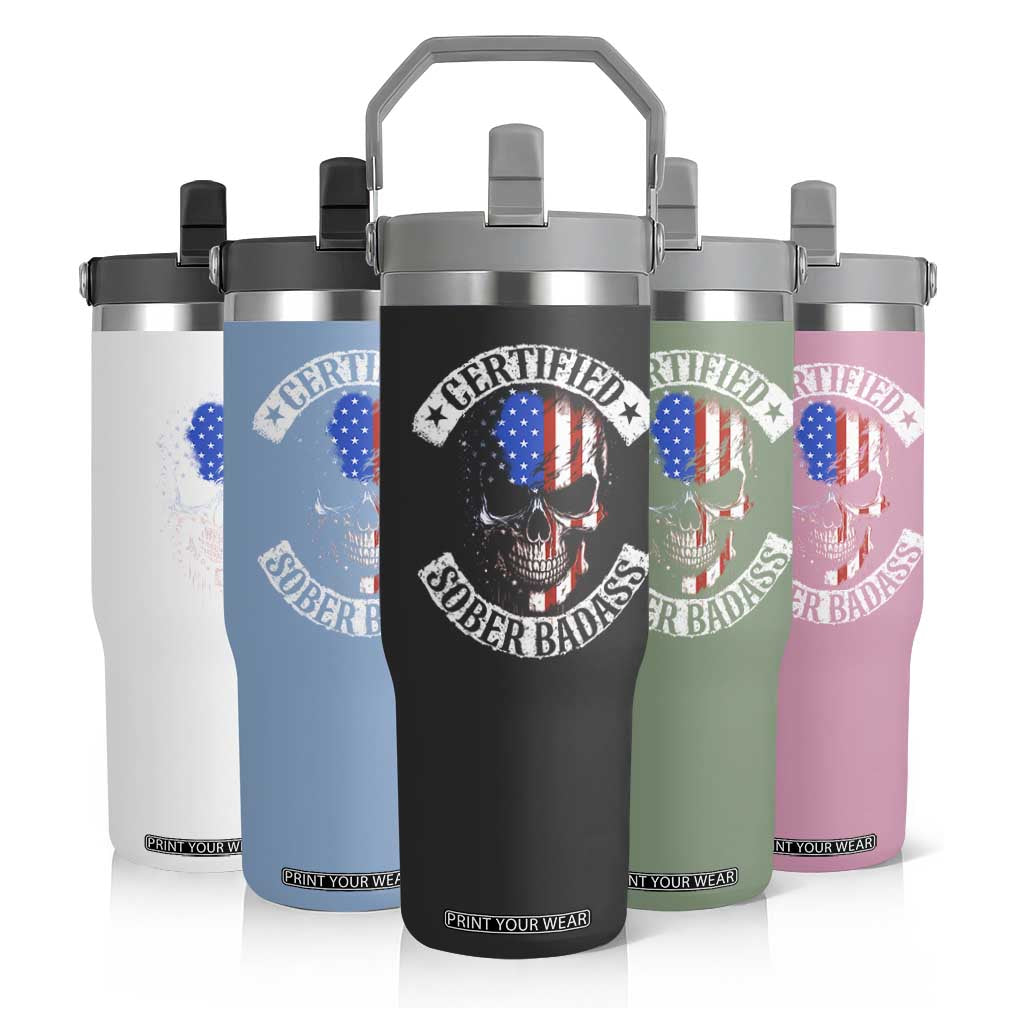 Certified Sober Badass Flip Straw Tumbler Sobriety Alcohol Fighters Vintage Skull