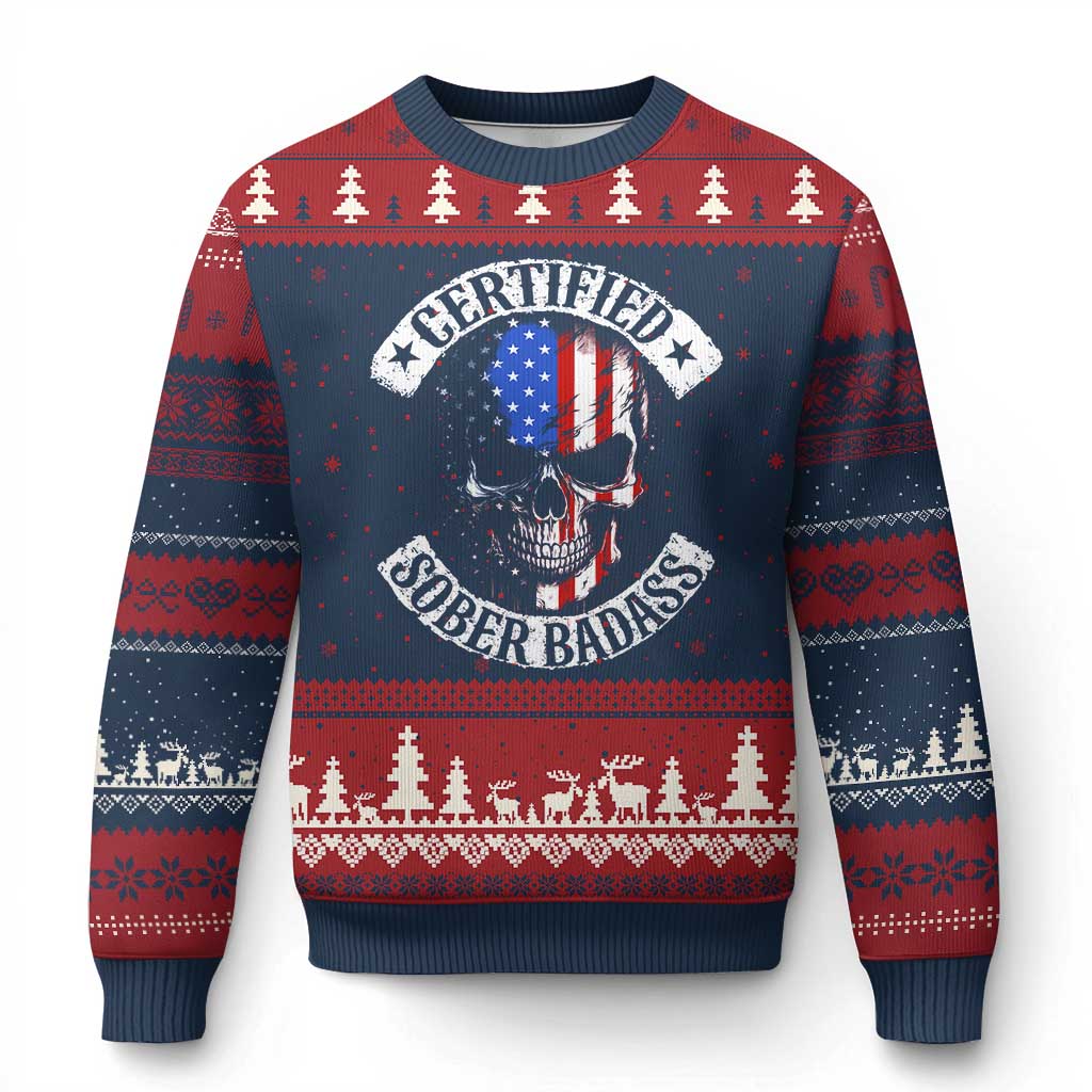 Certified Sober Badass Ugly Christmas Sweater Sobriety Alcohol Fighters Vintage Skull
