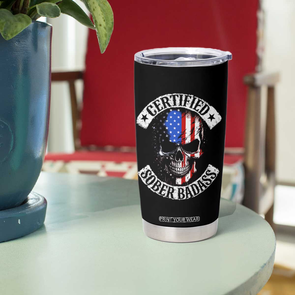 Certified Sober Badass Tumbler Cup Sobriety Alcohol Fighters Vintage Skull