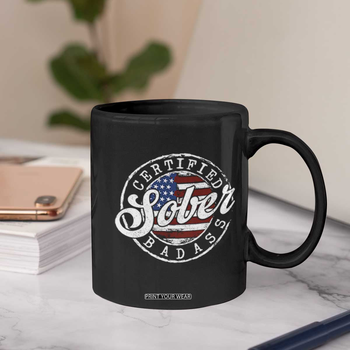 Certified Sober Badass Coffee Mug Sobriety Alcohol Recovery Vintage American Flag