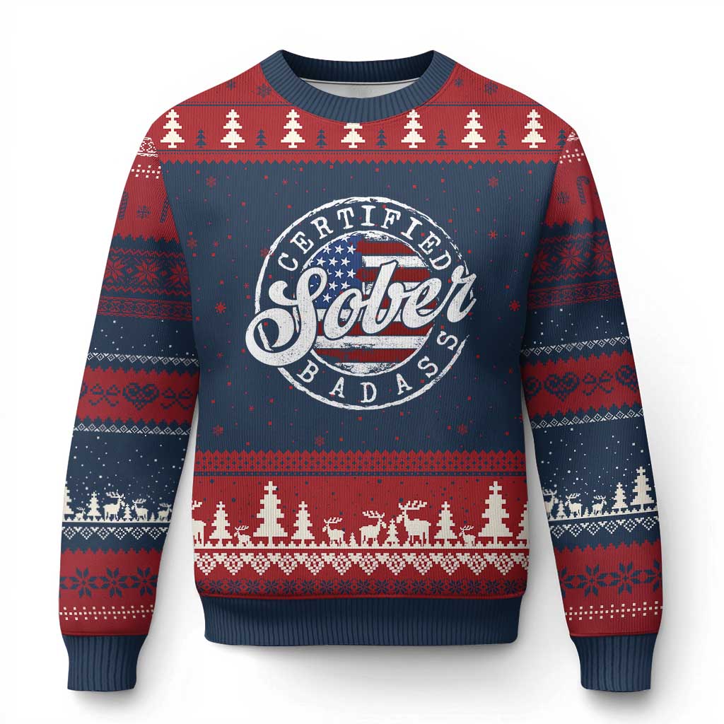 Certified Sober Badass Ugly Christmas Sweater Sobriety Alcohol Recovery Vintage American Flag