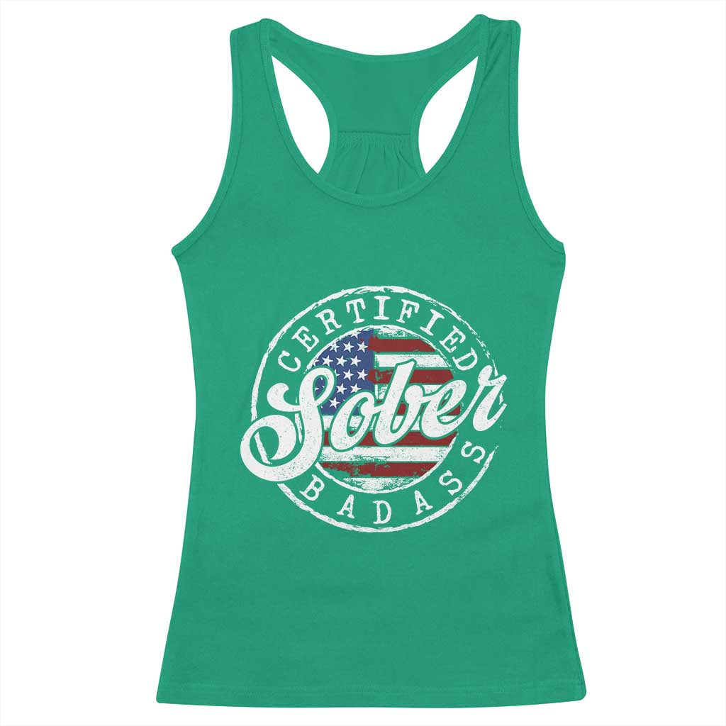 Certified Sober Badass Racerback Tank Top Sobriety Alcohol Recovery Vintage American Flag