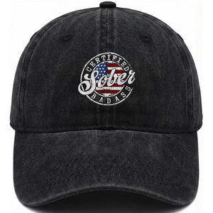 Certified Sober Badass Washed Cotton Baseball Cap Sobriety Alcohol Recovery Vintage American Flag