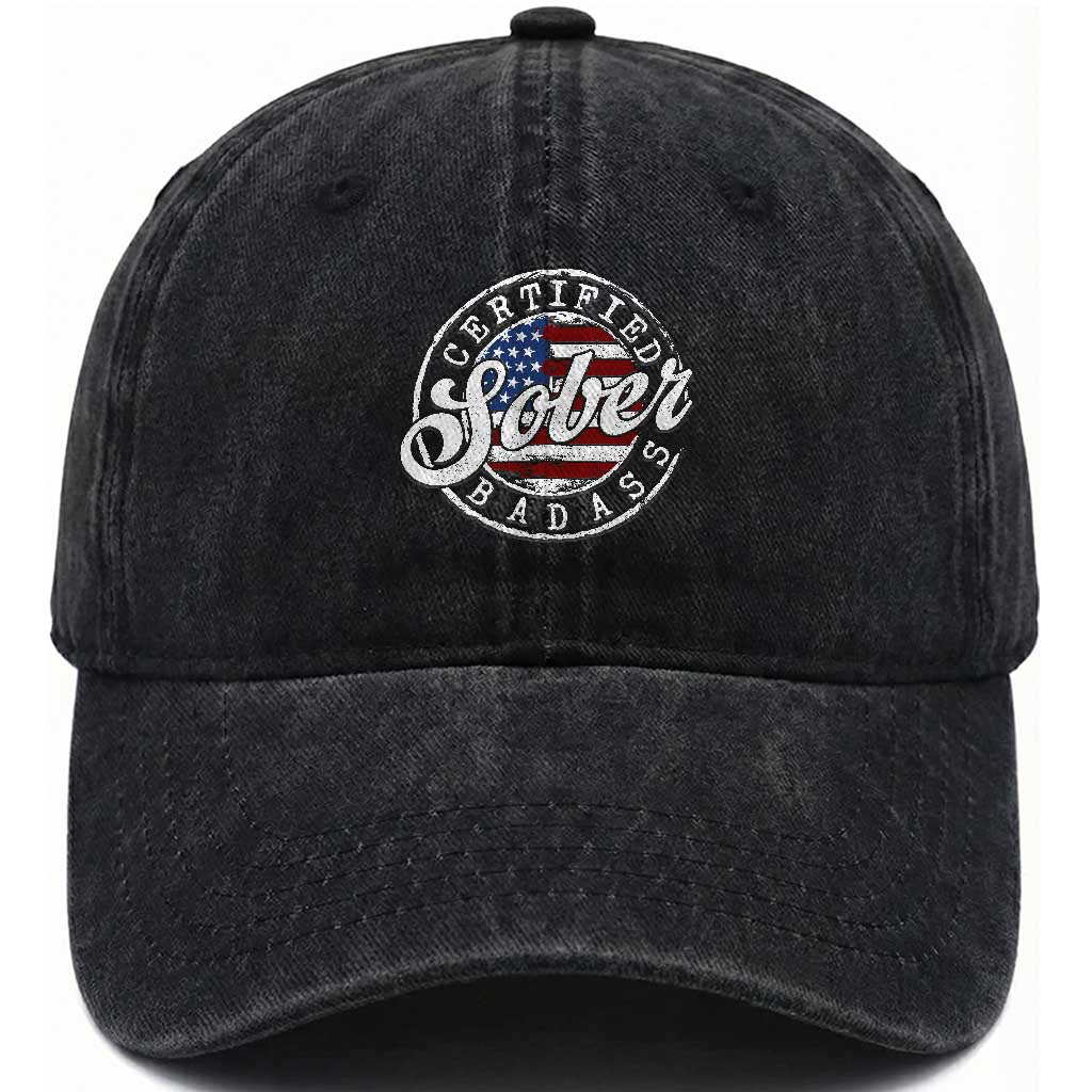 Certified Sober Badass Washed Cotton Baseball Cap Sobriety Alcohol Recovery Vintage American Flag TS11 Print Your Wear