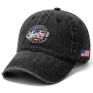 Certified Sober Badass Washed Cotton Baseball Cap Sobriety Alcohol Recovery Vintage American Flag