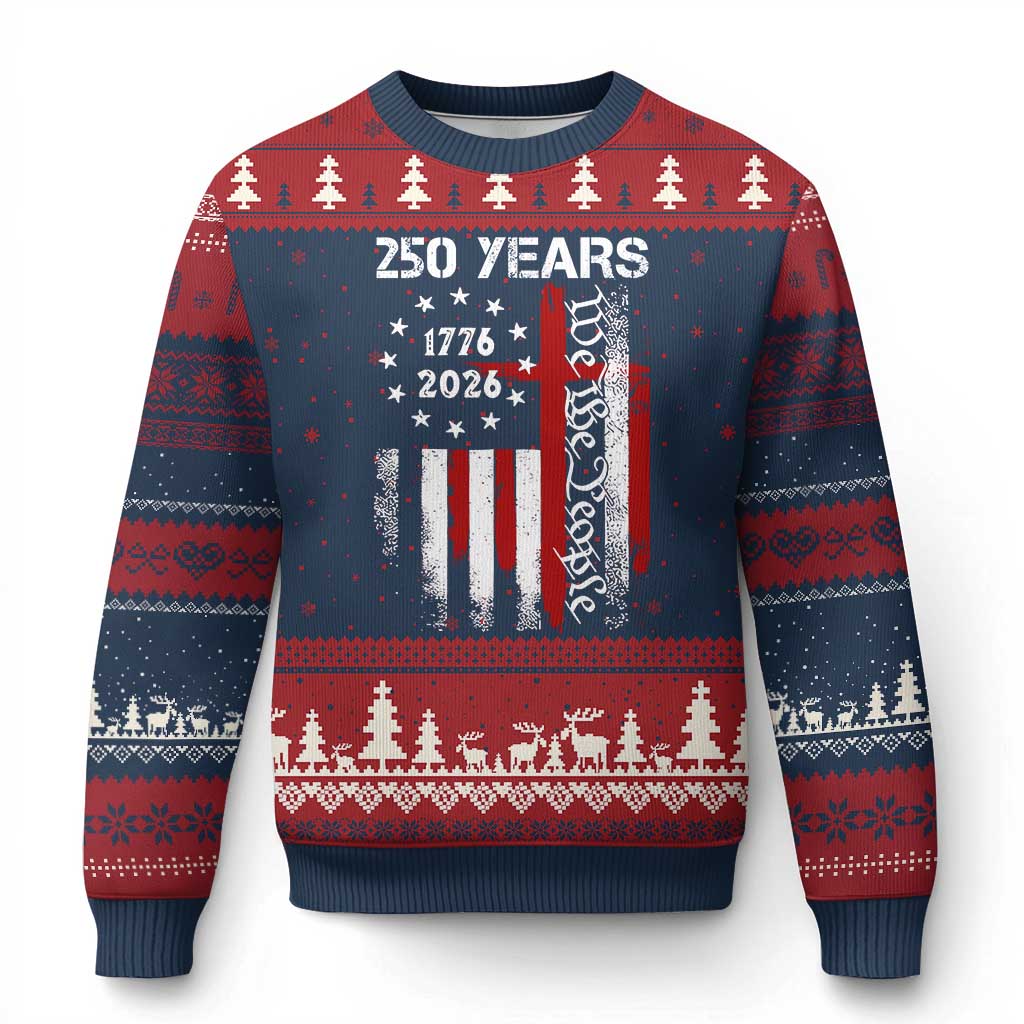 250 Years America Anniversary Christian USA Flag Ugly Christmas Sweater TS11 Navy Red Print Your Wear