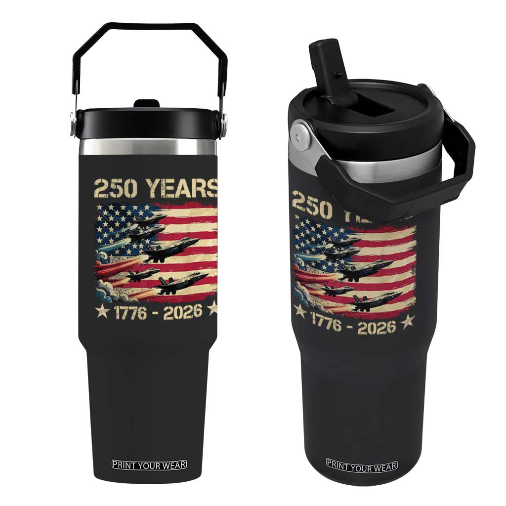USA 250 Years 1776 2026 Patriotic Jets Trail American Flag Flip Straw Tumbler TS11 One Size: 30 oz Black Print Your Wear