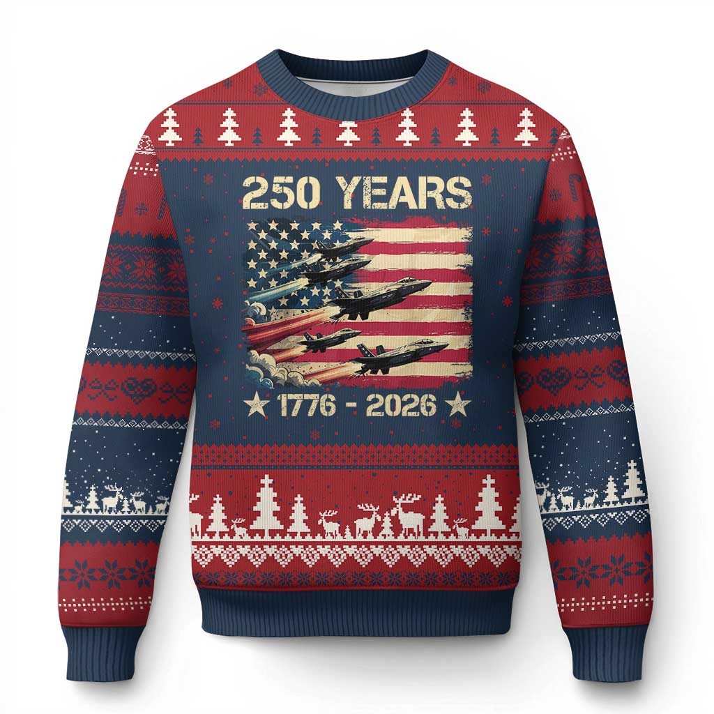 USA 250 Years 1776 2026 Patriotic Jets Trail American Flag Ugly Christmas Sweater TS11 Navy Red Print Your Wear