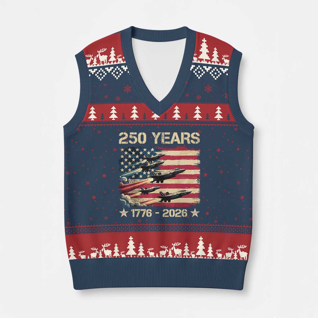 USA 250 Years 1776 2026 Patriotic Jets Trail American Flag V-Neck Knit Sweater Vest TS11 Navy Red Print Your Wear