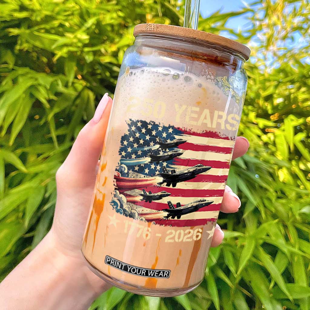 USA 250 Years 1776 2026 Patriotic Jets Trail American Flag Glass Can TS11 Black Print Your Wear