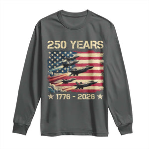 USA 250 Years 1776 2026 Patriotic Jets Trail American Flag Long Sleeve Shirt TS11 Dark Heather Print Your Wear