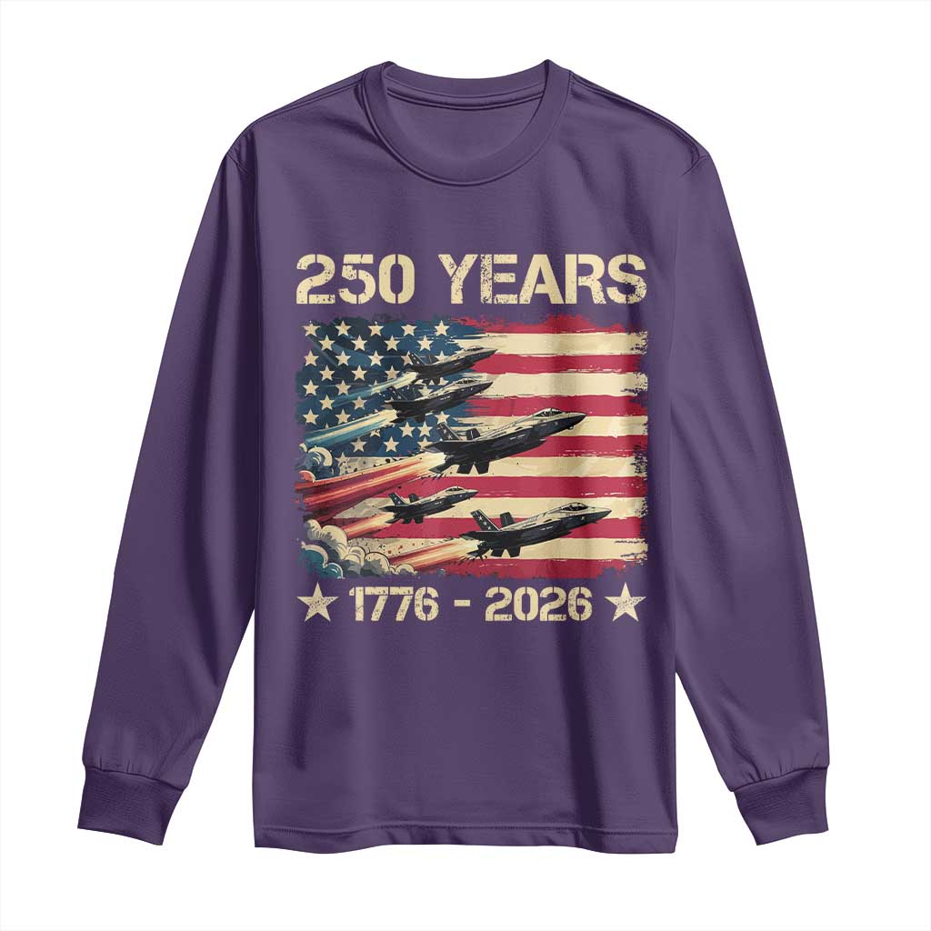 USA 250 Years 1776 2026 Patriotic Jets Trail American Flag Long Sleeve Shirt TS11 Purple Print Your Wear