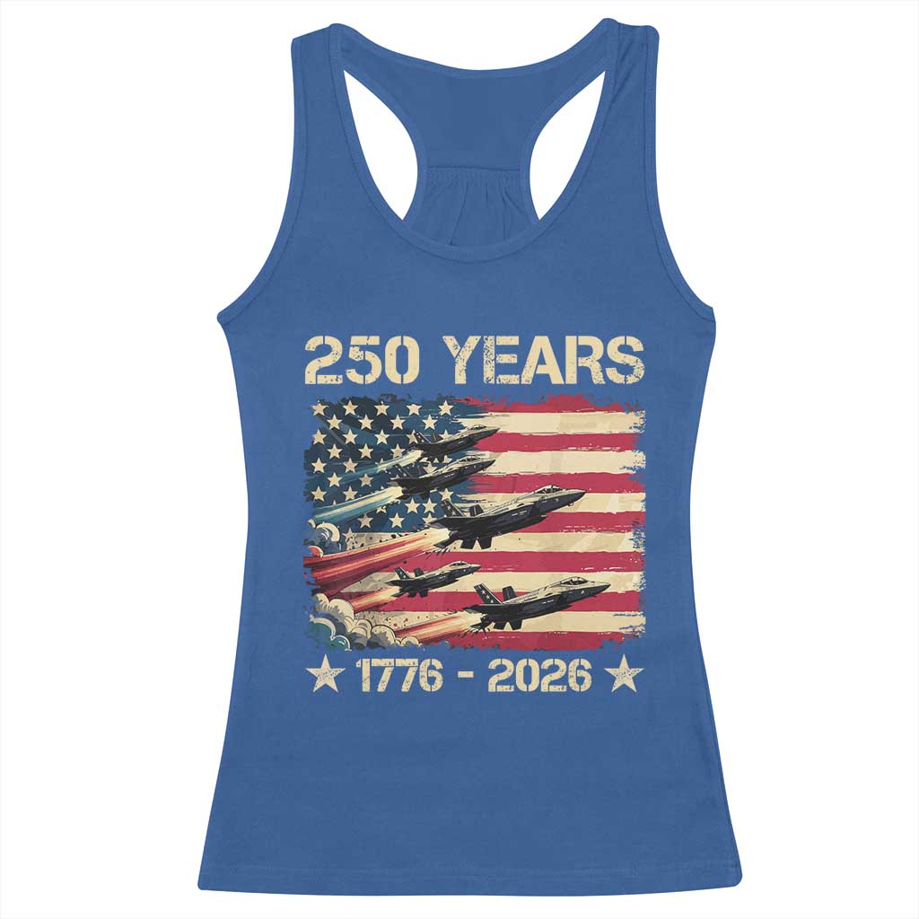 USA 250 Years 1776 2026 Patriotic Jets Trail American Flag Racerback Tank Top TS11 Royal Blue Print Your Wear