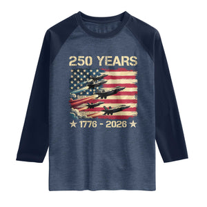 USA 250 Years 1776 2026 Patriotic Jets Trail American Flag Raglan Shirt TS11 Heather Denim Navy Print Your Wear