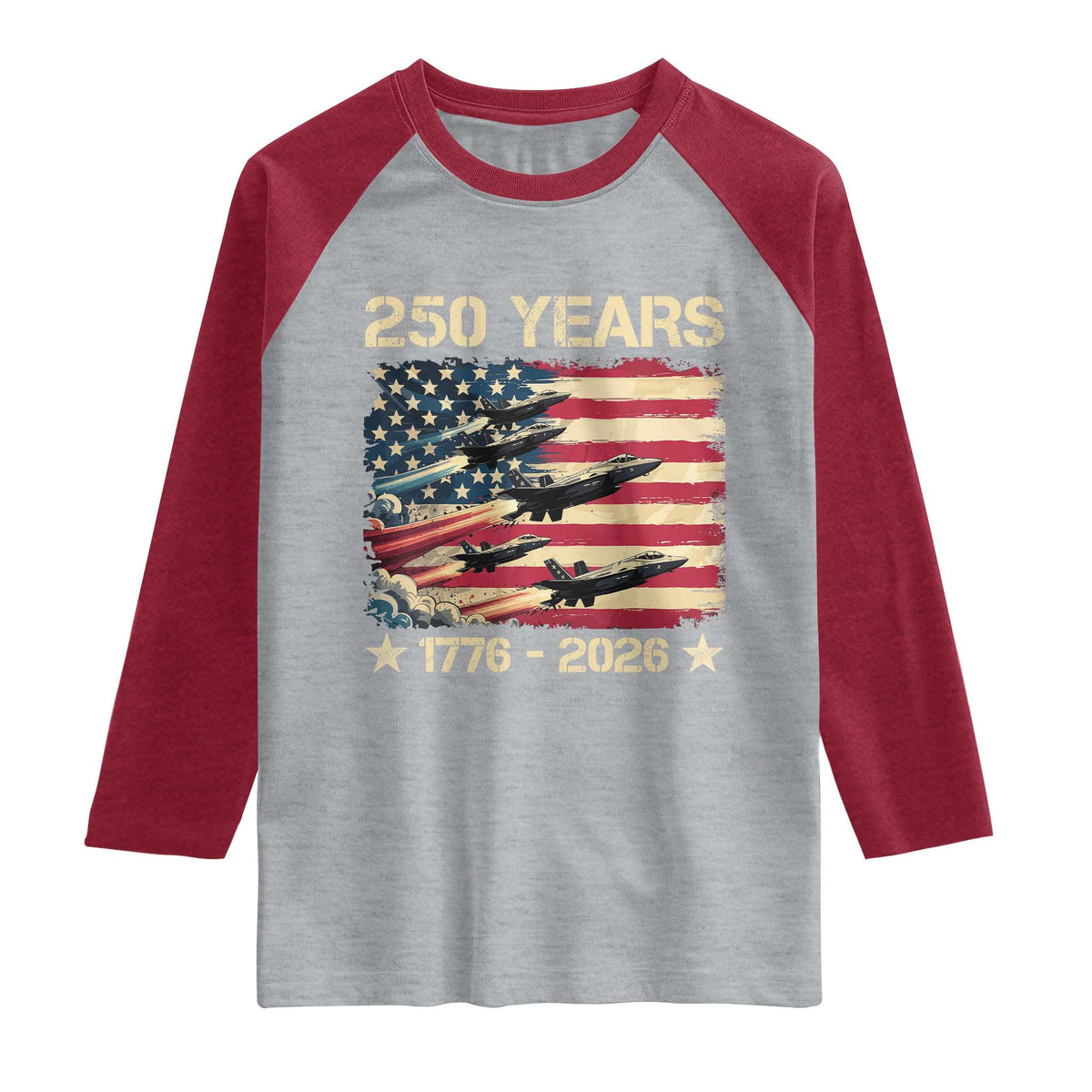 USA 250 Years 1776 2026 Patriotic Jets Trail American Flag Raglan Shirt TS11 Heather Gray Heather Red Print Your Wear