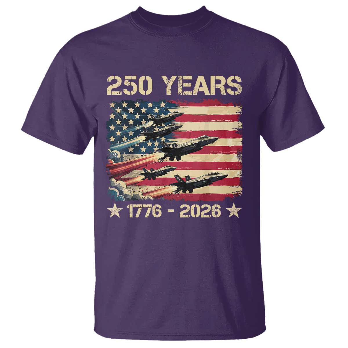 USA 250 Years 1776 2026 Patriotic Jets Trail American Flag T Shirt TS11 Purple Print Your Wear