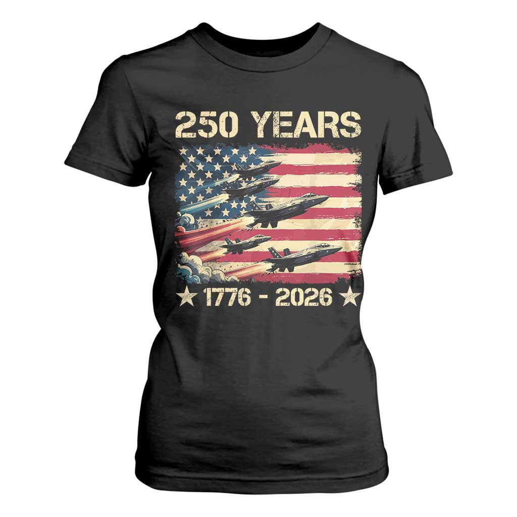 USA 250 Years 1776 2026 Patriotic Jets Trail American Flag T Shirt For Women TS11 Black Print Your Wear